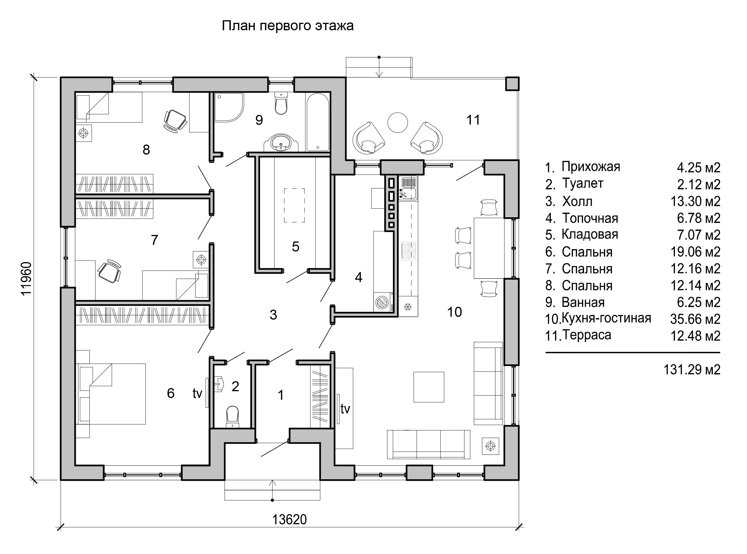 План дома с двумя спальнями одноэтажный 120м